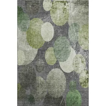 5' X 8' Green Ivory And Gray Abstract Washable Area Rug With UV Protection