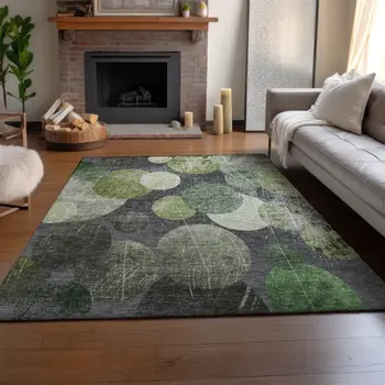 5' X 8' Green Ivory And Gray Abstract Washable Area Rug With UV Protection