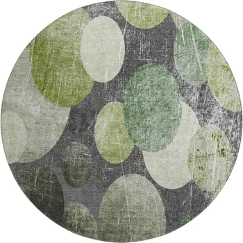 8' Green Ivory And Gray Abstract Washable Round Rug With UV Protection
