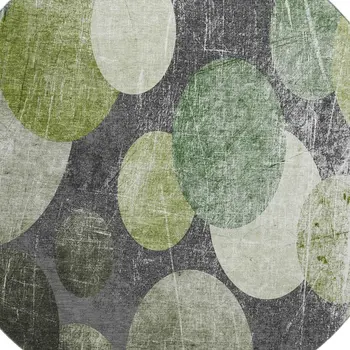 8' Green Ivory And Gray Abstract Washable Round Rug With UV Protection