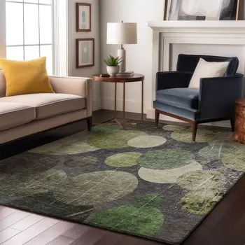 8' X 10' Green Ivory And Gray Abstract Washable Area Rug With UV Protection