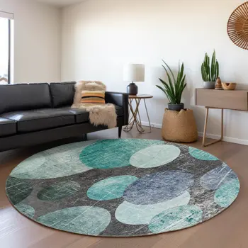 8' Teal And Gray Abstract Washable Round Rug With UV Protection