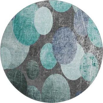 8' Teal And Gray Abstract Washable Round Rug With UV Protection
