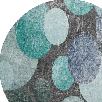 8' Teal And Gray Abstract Washable Round Rug With UV Protection