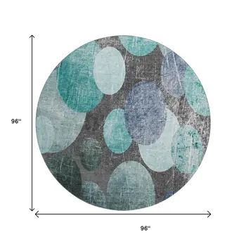 8' Teal And Gray Abstract Washable Round Rug With UV Protection