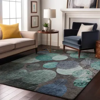 8' X 10' Teal And Gray Abstract Washable Area Rug With UV Protection