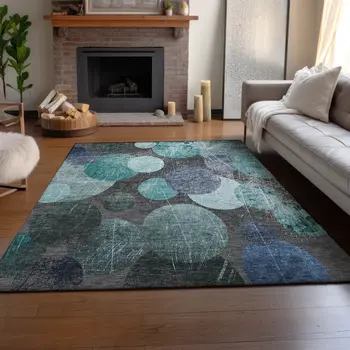 9' X 12' Teal And Gray Abstract Washable Area Rug With UV Protection