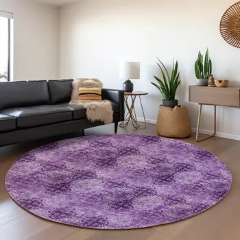 8' Eggplant And Ivory Floral Medallion Washable Round Rug With UV Protection