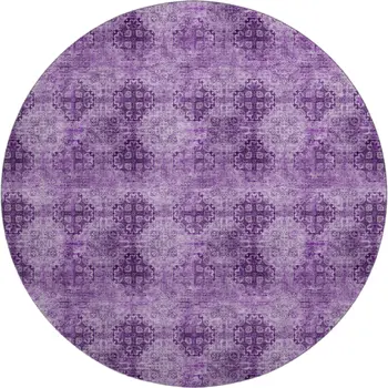 8' Eggplant And Ivory Floral Medallion Washable Round Rug With UV Protection