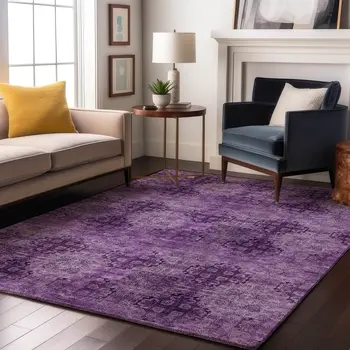 9' X 12' Eggplant And Ivory Floral Medallion Washable Area Rug With UV Protection