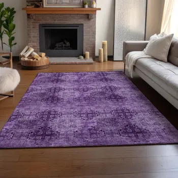 9' X 12' Eggplant And Ivory Floral Medallion Washable Area Rug With UV Protection