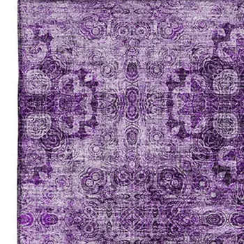 9' X 12' Eggplant And Ivory Floral Medallion Washable Area Rug With UV Protection