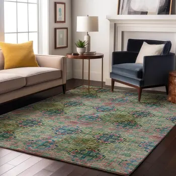 3' X 5' Green Blush And Teal Floral Medallion Washable Area Rug With UV Protection