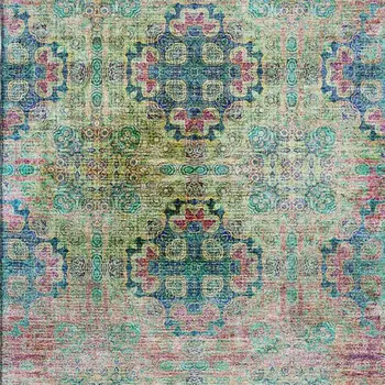 3' X 5' Green Blush And Teal Floral Medallion Washable Area Rug With UV Protection