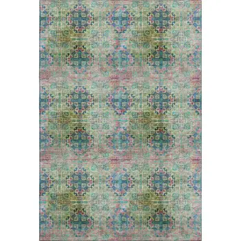 5' X 8' Green Blush And Teal Floral Medallion Washable Area Rug With UV Protection