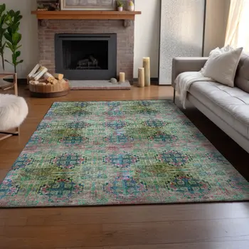5' X 8' Green Blush And Teal Floral Medallion Washable Area Rug With UV Protection