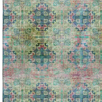 5' X 8' Green Blush And Teal Floral Medallion Washable Area Rug With UV Protection