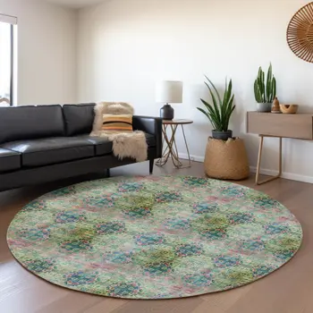 8' Green Blush And Teal Floral Medallion Washable Round Rug With UV Protection