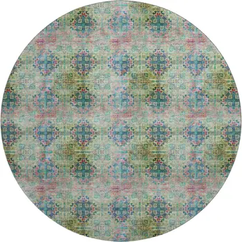 8' Green Blush And Teal Floral Medallion Washable Round Rug With UV Protection
