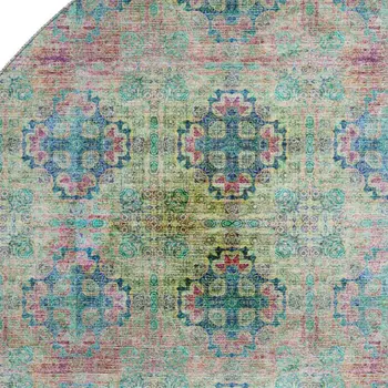 8' Green Blush And Teal Floral Medallion Washable Round Rug With UV Protection