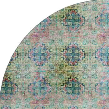 8' Green Blush And Teal Floral Medallion Washable Round Rug With UV Protection