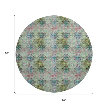 8' Green Blush And Teal Floral Medallion Washable Round Rug With UV Protection