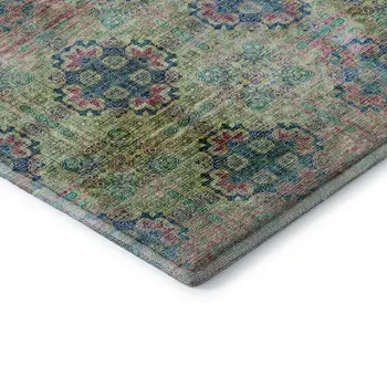 8' X 10' Green Blush And Teal Floral Medallion Washable Area Rug With UV Protection