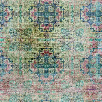 8' X 10' Green Blush And Teal Floral Medallion Washable Area Rug With UV Protection