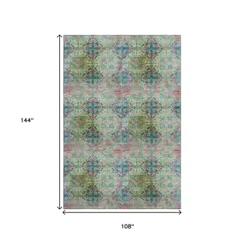 9' X 12' Green Blush And Teal Floral Medallion Washable Area Rug With UV Protection