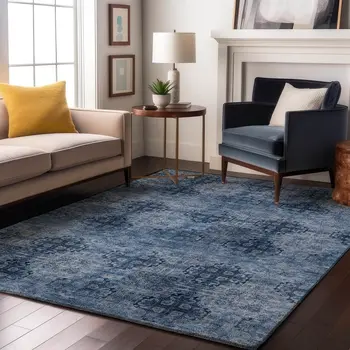 3' X 5' Navy Blue And Ivory Floral Medallion Washable Area Rug With UV Protection