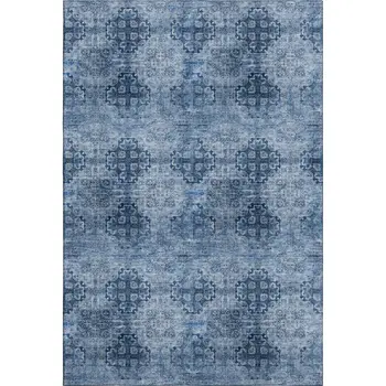 3' X 5' Navy Blue And Ivory Floral Medallion Washable Area Rug With UV Protection