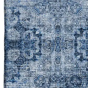 3' X 5' Navy Blue And Ivory Floral Medallion Washable Area Rug With UV Protection