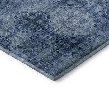8' Navy Blue And Ivory Floral Medallion Washable Round Rug With UV Protection