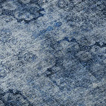 8' Navy Blue And Ivory Floral Medallion Washable Round Rug With UV Protection