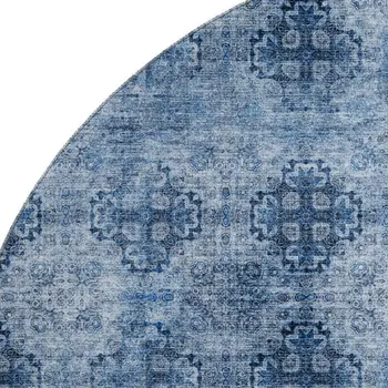8' Navy Blue And Ivory Floral Medallion Washable Round Rug With UV Protection