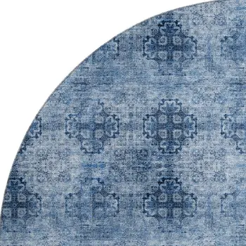 8' Navy Blue And Ivory Floral Medallion Washable Round Rug With UV Protection