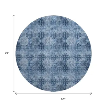 8' Navy Blue And Ivory Floral Medallion Washable Round Rug With UV Protection