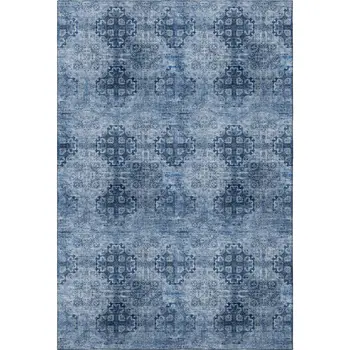 9' X 12' Navy Blue And Ivory Floral Medallion Washable Area Rug With UV Protection