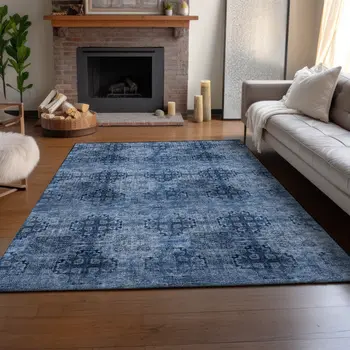 10' X 14' Navy Blue And Ivory Floral Medallion Washable Area Rug With UV Protection