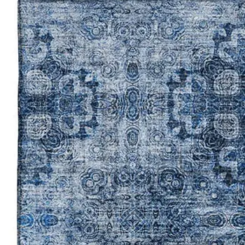 10' X 14' Navy Blue And Ivory Floral Medallion Washable Area Rug With UV Protection
