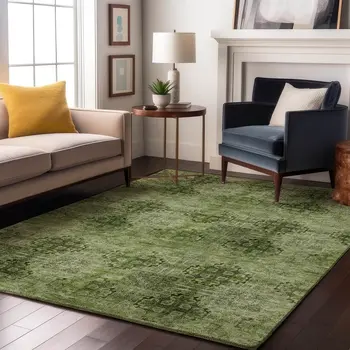 5' X 8' Olive Green And Ivory Floral Medallion Washable Area Rug With UV Protection