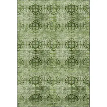 5' X 8' Olive Green And Ivory Floral Medallion Washable Area Rug With UV Protection