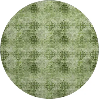 8' Olive Green And Ivory Floral Medallion Washable Round Rug With UV Protection