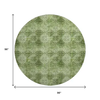 8' Olive Green And Ivory Floral Medallion Washable Round Rug With UV Protection