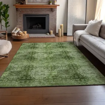 10' X 14' Olive Green And Ivory Floral Medallion Washable Area Rug With UV Protection