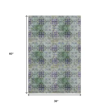 3' X 5' Purple Green And Ivory Floral Medallion Washable Area Rug With UV Protection