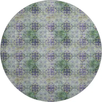 8' Purple Green And Ivory Floral Medallion Washable Round Rug With UV Protection