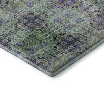 8' Purple Green And Ivory Floral Medallion Washable Round Rug With UV Protection
