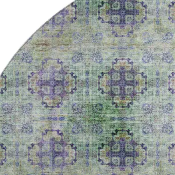 8' Purple Green And Ivory Floral Medallion Washable Round Rug With UV Protection