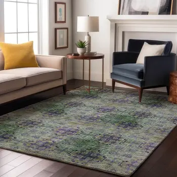 9' X 12' Purple Green And Ivory Floral Medallion Washable Area Rug With UV Protection